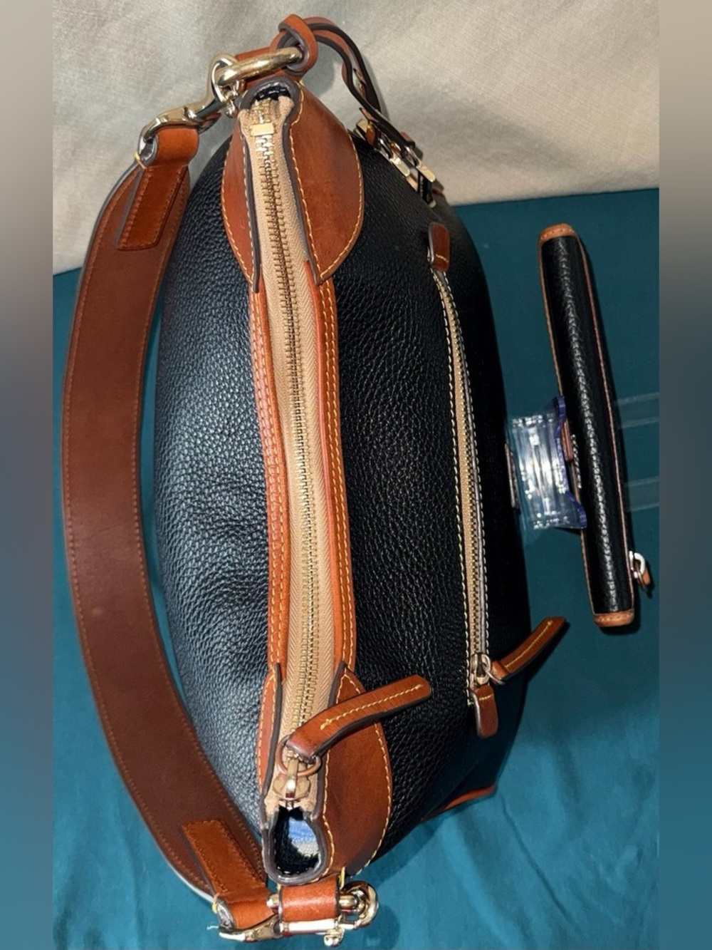 Dooney & Bourke Black with Brown Trim Pebbled Leather Shoulder Bag & Wallet - Picture 6 of 16